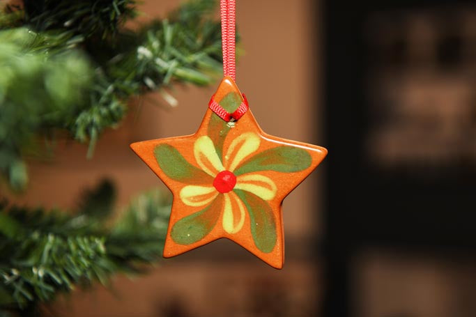 Green &amp; Red Star Redware Ornament